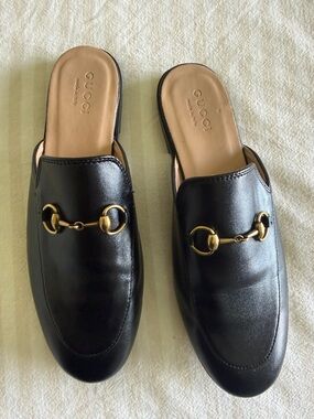 Gucci Black Leather Horsebit Slip-On Mules